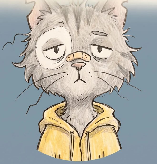 Defeated Guy, a scruffy gray tabby cat in a yellow raincoat with a plaster on his nose, staring blankly